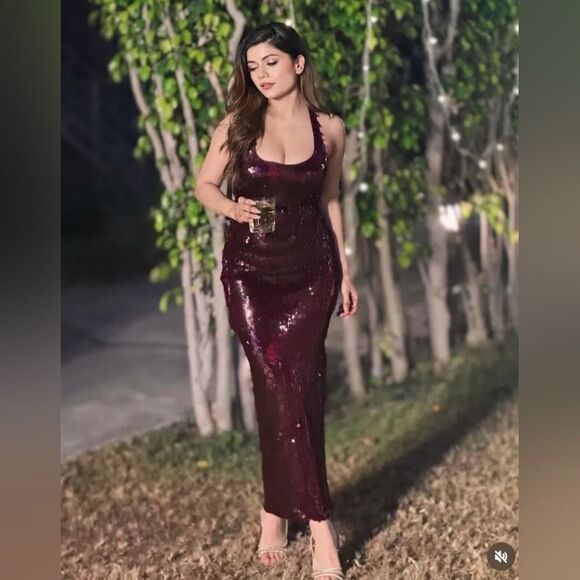 NWT ZARA SEQUIN HALTER DRESS burgundy - Picture 10 of 16